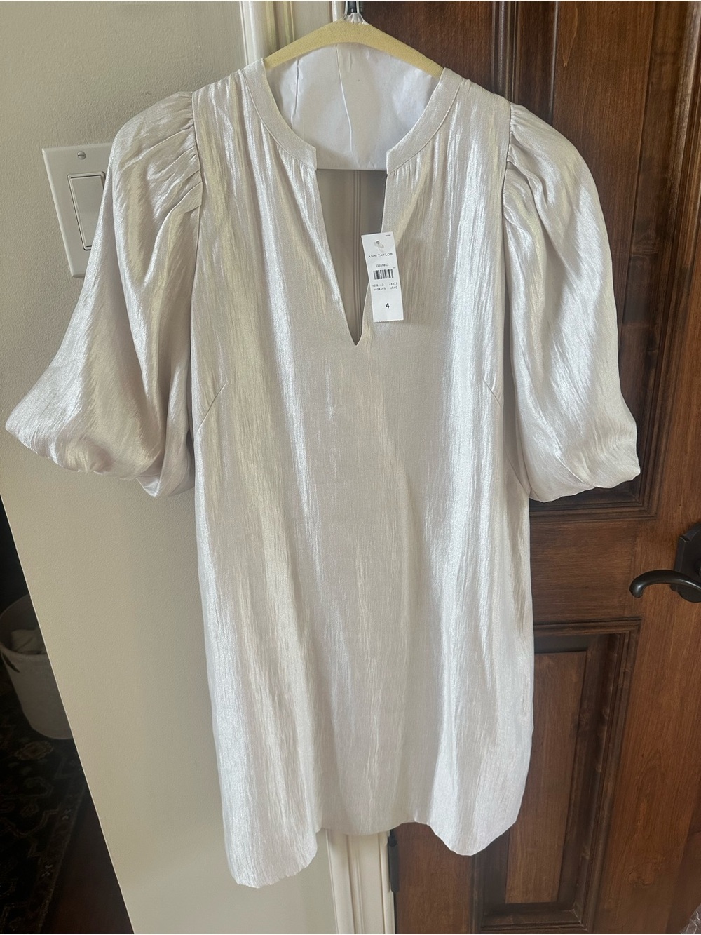 Ann Taylor Shimmery Cream Puff-Sleeve Dress NWT Sz 4